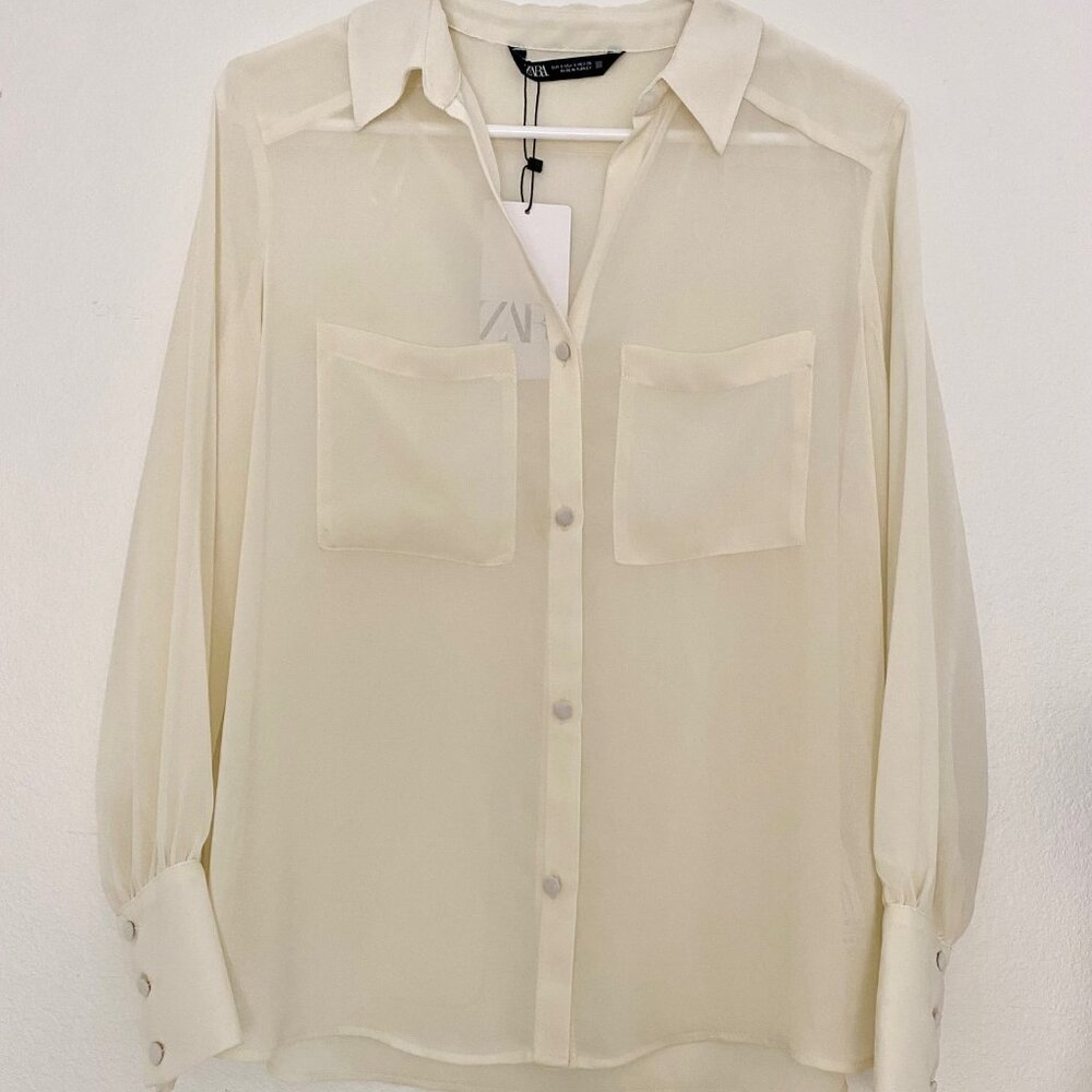 ZARA PATCH POCKET SEMI-SHEER BUTTONED DOWN SHIRT BLOUSE WHITE/IVORY SIZE SMALL